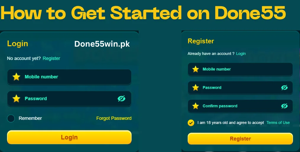 Done55 registration and login guide Pakistan – Done55win.pk signup page with mobile number verification, secure password setup and online casino account creation