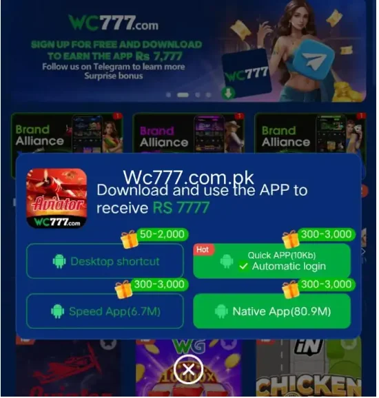 WC777 online casino app promotion banner featuring Aviator game, sign-up bonus RS 7777, Android quick app download, native app, desktop shortcut, automatic login, and Telegram bonus offer in Pakistan.