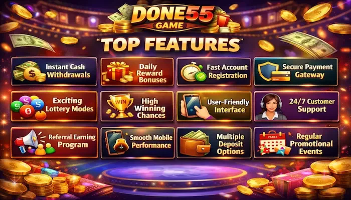 Done55 Game Top Features – instant cash withdrawals, daily reward bonuses, fast account registration, secure payment gateway, lottery modes, referral program and 24/7 customer support