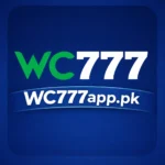 WC777 game app logo on blue background featuring WC777app.pk branding, official online casino APK download platform in Pakistan, mobile gaming application icon for Android users.