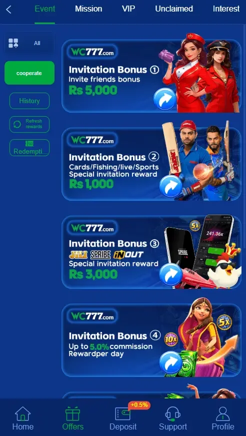 WC777 Invitation Bonus Offers 2026 – Earn Rs 5,000 Invite Bonus, Rs 1,000 Sports Reward & 5% Daily Commission Pakistan