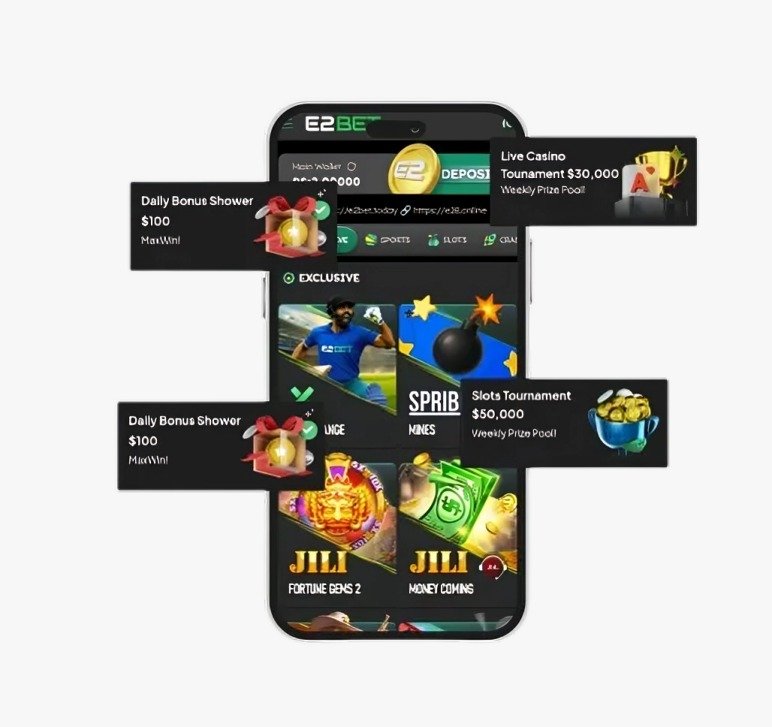 E2Bet mobile casino application interface live casino, slot tournament, daily bonus and online betting games on mobile phone.