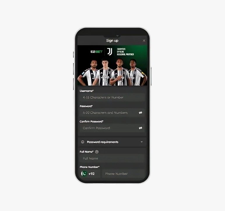 Mobile phone with betting application sign up form with football players.
