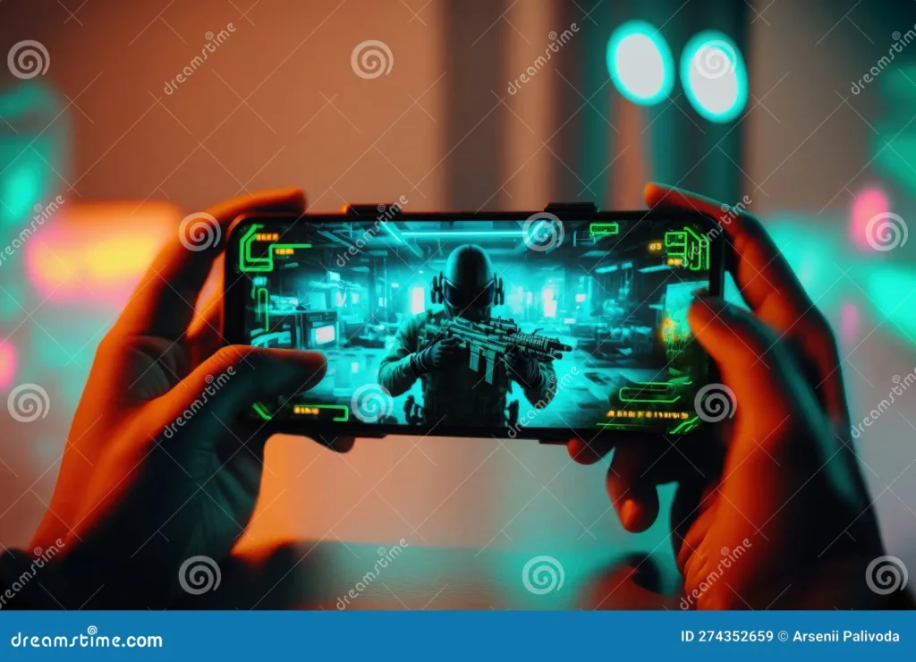 Android gaming player holding smartphone playing FPS shooting game, mobile online gaming gameplay screen
3patiroom