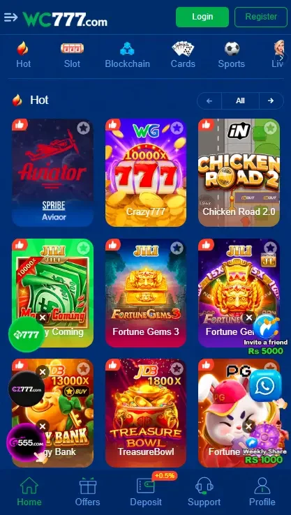 WC777 Game home with multiple Games.