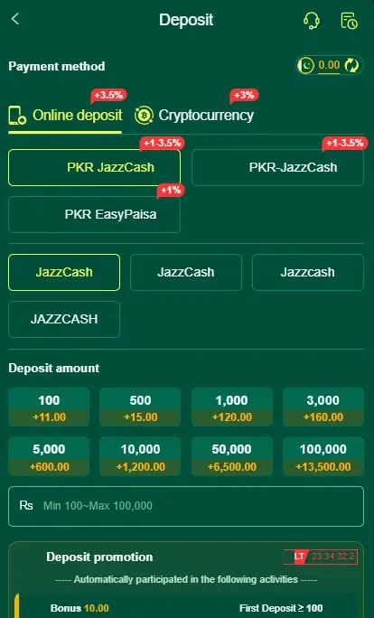 PK8.game betting app deposit screen with multiple payment methods including JazzCash and cryptocurrency