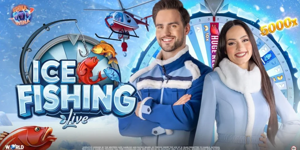 Winter themed IceFishing game show with hosts, helicopter and fish graphics