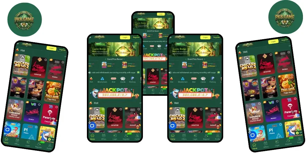 “PK8.Game APK interface preview on multiple smartphones showing casino games, jackpot, aviator and betting features”