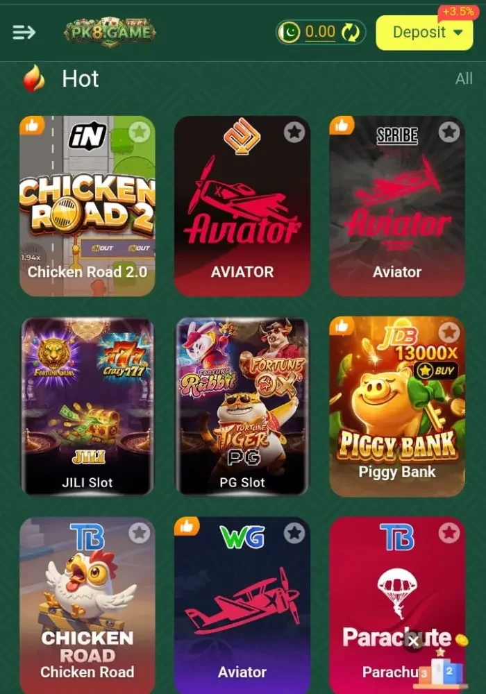 PK8.game casino dashboard showing popular slot games like Aviator, Piggy Bank, Chicken Road and PG slots online