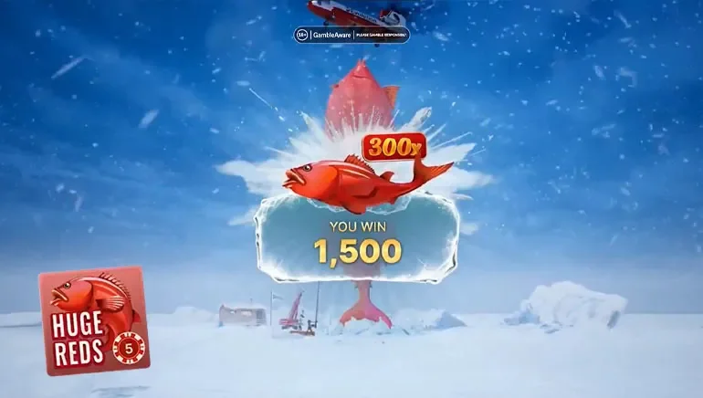 IceFishing Live game Huge Reds bonus 300x multiplier big win screen 1500 payout
