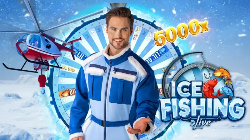 Ice fishing live casino game with male host, helicopter, spinning bonus wheel and 5000x multiplier winter theme